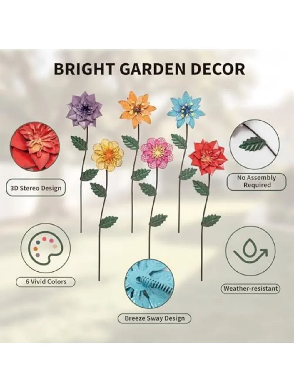 Colorful Metal Flower Garden Stakes - 6 Pack Outdoor Decor for Yard & Pathway